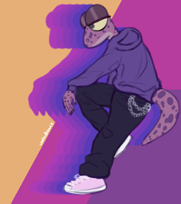 abstract_background belt_chain bottomwear clothing dark_nails denim denim_bottomwear denim_clothing footwear hoodie jeans male pants pink_clothing pink_footwear pink_shoes purple_body purple_clothing purple_hoodie purple_topwear shoes sitting solo tail text topwear yellow_sclera beenz seb_(beenz) gecko lizard reptile scalie artist_name digital_drawing_(artwork) digital_media_(artwork) hi_res