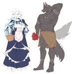 anthro anthro_on_anthro big_breasts blue_body blue_fur blue_hair bodily_fluids breasts clothed clothing collar duo eyes_closed female flower fluffy fluffy_tail fur grey_body grey_fur hair holding_object horn interspecies larger_male male male/female multicolored_body multicolored_fur muscular muscular_male nipples open_mouth open_smile partially_clothed plant red_eyes simple_background size_difference smaller_female smile sweat tail thick_thighs two_tone_body two_tone_fur wavy_tail white_body white_fur wide_hips carsen canid canine canis deer mammal wolf absurd_res hi_res