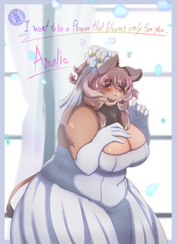anthro big_breasts border breasts brown_body brown_hair cleavage clothed clothing dress eyebrow_through_hair eyebrows female female_anthro gloves grey_border hair handwear huge_breasts inside logo long_hair looking_at_viewer open_mouth overweight overweight_female red_eyes slightly_chubby slightly_chubby_anthro slightly_chubby_female smile solo standing text translucent translucent_hair wedding_dress wedding_veil white_body white_clothing white_gloves white_handwear window sasanoha6011 amelia_(sasanoha6011) mammal suid suine sus_(pig) wild_boar artist_logo character_name english_text hi_res