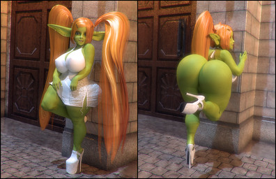 bent_over big_breasts big_butt black_border border breasts butt clothing ear_piercing female footwear genitals green_body green_skin high_heels huge_butt looking_at_viewer nipple_outline not_furry piercing platform_footwear platform_heels shoes solo vulva rivaliant trixie_hardfuse goblin humanoid 2015 3d_(artwork) digital_media_(artwork)
