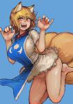 5_fingers adapted_costume animal_ear_fluff bangs barefoot big_breasts blonde_hair blue_background blue_tabard blush breasts brown_eyes claw_pose clothed clothing dress eyebrow_through_hair eyebrows fangs feet female fingers fluffy fluffy_tail fox_tail frilly frilly_clothing frilly_dress glistening glistening_eyes hair hip_focus inner_ear_fluff jumping legs_up looking_at_viewer multi_ear multi_tail nose_blush open_mouth panties pupils short_dress short_sleeves simple_background slit_pupils small_waist solo string_panties tabard tail teeth translucent translucent_hair tuft underwear wavy_hair white_clothing white_panties white_underwear chanta touhou ran_yakumo animal_humanoid canid canid_humanoid canine canine_humanoid fox_humanoid humanoid mammal mammal_humanoid 2018 hi_res