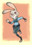 anthro clothed clothing dipstick_ears ear_markings female fully_clothed looking_at_viewer multicolored_ears purple_eyes simple_background smile solo toeless_legwear mortic_ox disney zootopia judy_hopps lagomorph leporid mammal rabbit 2016