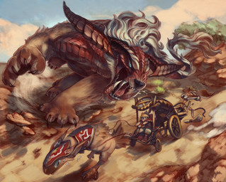 2_horns ambiguous_gender anthro battle beak biped bodily_fluids chasing claws clothed clothed_human clothing cloud crate detailed_background fangs fantasy feet finger_claws flying_sweatdrops group high-angle_view horn open_mouth outside plant rope running scroll shrub size_difference sky sweat sweatdrop tail talons teeth toe_claws toes tongue toony vehicle ovopack anoinu avian canid canine fox human mammal 2008 detailed japanese_description