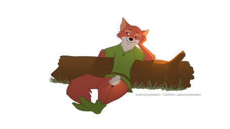 animal_genitalia anthro balls bottomless casual_exposure clothed clothing footwear fully_sheathed genitals grass head_in_hand log male plant sheath shoes sitting smile solo wood letodoesart disney robin_hood_(disney) robin_hood canid canine fox mammal red_fox true_fox 16:9 widescreen