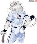 anthro baseball_bat baseball_uniform bat_(object) belt blep blue_background bottomwear butt clothing fur male mascot patreon_logo simple_background solo sportswear tongue tongue_out topwear uniform whiskers white_background white_body white_bottomwear white_clothing white_fur white_topwear vhkansfweer nippon_professional_baseball patreon saitama_seibu_lions leo_(saitama_seibu_lions) felid lion mammal pantherine 2022 artist_name hi_res