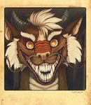 ambiguous_form ambiguous_gender brown_body brown_fur cheek_tuft facial_tuft fangs front_view fur grin hair insane inside looking_at_viewer neck_tuft orange_eyes scales sharp_teeth short_hair smile solo teeth tuft white_body white_scales acidic mythology changhuo_(linkinarty) dragon furred_dragon furred_scalie mythological_creature mythological_scalie scalie hi_res