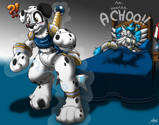ambiguous_gender armor bed bone clean_diaper clothed clothing diaper duo furniture furniture_lamp gradient_background horn inanimate_transformation inside interrobang on_bed plushie simple_background sneeze table text transformation under_covers wearing_diaper wings catmonkshiro european_mythology greek_mythology mythology animate_inanimate avian canid canine canis dalmatian domestic_dog equid equine horse hybrid mammal mythological_avian mythological_bird mythological_creature mythological_equine mythological_firebird phoenix pony winged_unicorn signature