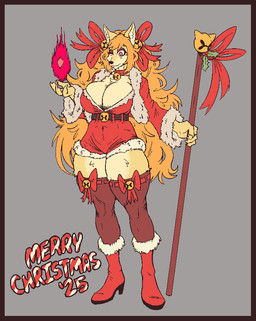 anthro bell bell_collar big_breasts boots border bow_ribbon breasts christmas_clothing clothed clothing collar elemental_manipulation female fire fire_manipulation footwear fur grey_background hair high_heeled_boots high_heels holidays long_hair orange_hair red_boots red_clothing red_footwear shoes simple_background solo standing text thick_thighs signirsol christmas undertale_yellow ceroba_ketsukane canid canine fox mammal 2025 digital_media_(artwork) english_text