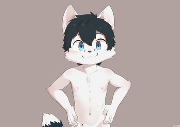 5_fingers anthro areola arm_tuft bangs big_eyes black_eyebrows black_hair black_markings black_nose blue_eyes bodily_fluids cheek_tuft chest_tuft claws closed_smile collarbone cute_fangs dipstick_tail elbow_tuft eyebrows facial_markings facial_tuft fangs finger_claws fingers fur grey_background hair hair_between_eyes hands_on_hips hands_on_own_hips head_markings humanoid_hands iris kemono looking_at_viewer male male_anthro markings mouth_closed navel nipples one_fang pink_areola pink_nipples pupils short_hair simple_background slim slim_anthro slim_male smile smiling_at_viewer snaggle_tooth solo sweat sweatdrop tail tail_markings teeth tuft whiskers white_body white_claws white_fur white_markings white_sclera white_tail_tip white_tuft white_whiskers young young_anthro young_male sharparadise canid canine fox mammal 2025 absurd_res english_description half-length_portrait hi_res portrait shaded