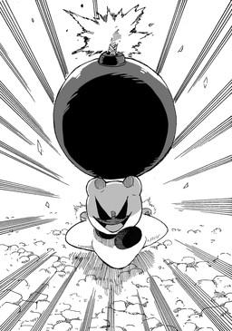 ambiguous_gender biped demon_eyes empty_eyes evil_face evil_grin front_view grin holding_bomb impending_doom looking_at_viewer motion_lines not_furry open_mouth open_smile raised_arms simple_background smile solo threatening_viewer threatening_with_weapon warp_star white_background mu-u_(artist) kirby:_right_back_at_ya! kirby_(series) kirby_air_ride nintendo kirby waddling_head 2026 digital_drawing_(artwork) digital_media_(artwork) greyscale hatching_(art) hi_res japanese_description meme monochrome shaded