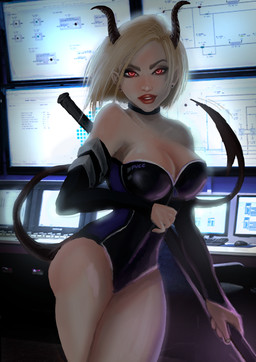 blonde_hair breasts cleavage clothed clothing computer ear_piercing ear_ring electronics female hair horn lips looking_at_viewer not_furry piercing red_eyes red_lips ring_piercing solo weapon spicycherries sonichu_(series) mary_lee_walsh_(sonichu) demon demon_humanoid humanoid absurd_res hi_res