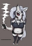 annoyed anthro belly big_breasts biped breasts choker clothing female fur grey_background grey_tail jewelry legwear multicolored_body multicolored_fur necklace piercing pupils red_sclera simple_background slightly_chubby solo standing tail text thigh_highs white_body white_eyes white_fur white_tail rimarybruhman mythology canid canid_demon canine canine_demon demon hellhound mammal mythological_canine mythological_creature absurd_res hi_res