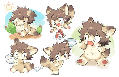 anthro bodily_fluids bowl brown_body brown_eyes brown_hair bubble butt cactus chibi container countershading desert fangs hair holding_bowl holding_container holding_object kemono looking_back male navel nude open_mouth outie_navel pawpads plant running simple_background slightly_chubby smile solo sweat teeth underwater water white_background dogblin aquatic canid canine fish fox mammal 2026 chinese_description hi_res