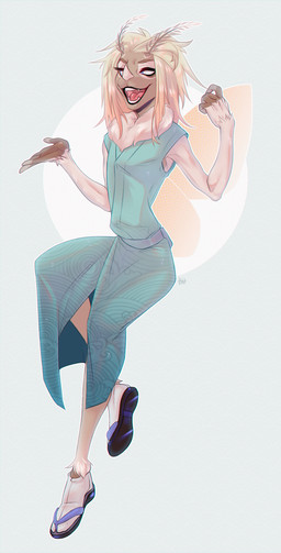 5_fingers ambiguous_gender anthro blonde_hair blue_eyes clothed clothing fingers hair open_mouth simple_background smile solo teeth tongue bardju arthropod insect lepidopteran moth 2019 digital_media_(artwork) hi_res