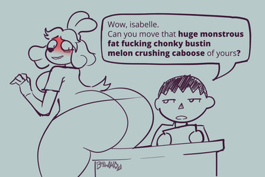 anthro asking big_butt blush breasts butt butt_focus clothing describing_butt desk dress duo embarrassed female full-face_blush furniture hair half-closed_eyes holding_object huge_butt humor looking_at_another's_butt looking_at_butt looking_back male narrowed_eyes on_desk open_mouth profanity requesting scut_tail short_tail simple_background sitting sitting_on_desk speech_bubble table tail talking_to_another text thick_thighs underbutt unimpressed unprofessional_behavior verbose_text bawko animal_crossing nintendo isabelle_(animal_crossing) villager_(animal_crossing) canid canine canis domestic_dog human mammal shih_tzu toy_dog 2021 digital_drawing_(artwork) digital_media_(artwork) english_text monochrome signature sketch spot_color
