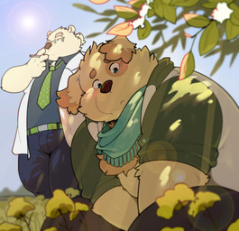 anthro clothed clothing detailed_background duo fur male plant sky sun white_body white_fur yellow_body yellow_fur quanjiang lifewonders tokyo_afterschool_summoners cu_sith_(tas) leib_(tas) bear canid canine canis domestic_dog mammal polar_bear ursine hi_res