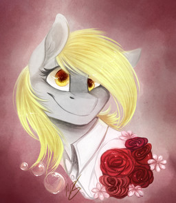 blonde_hair bubble clothing derp_eyes eyelashes female feral flower hair heart_eyes heart_symbol plant rose_(flower) smile solo yellow_eyes azula-griffon friendship_is_magic hasbro my_little_pony derpy_hooves_(mlp) equid equine mammal 2015 digital_media_(artwork)