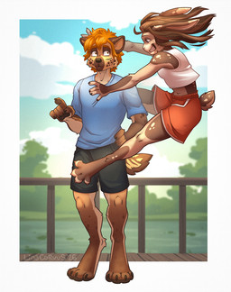 anthro biped bottomwear breasts butt claws clothed clothed_anthro clothed_female clothed_male clothing cloud countershade_torso countershading day duo eyelashes feet female fingers freckled_face freckles front_view fully_clothed fully_clothed_anthro fully_clothed_female fully_clothed_male fur hair long_eyelashes male markings outside sky smile spots spotted_arms spotted_back spotted_face spotted_legs spotted_markings spotted_shoulders spotted_tail spotted_thighs standing tail tail_markings teeth toes topwear tuft lina_corvus crafty_(shadycrafts) vanny_(shadycrafts) hyena lagomorph leporid mammal rabbit 2026 digital_drawing_(artwork) digital_media_(artwork) hi_res