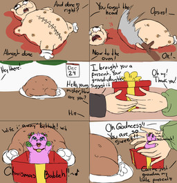 abuse ambiguous_feral ambiguous_gender ambiguous_human animal_abuse blood bloodshot_eyes bodily_fluids character_prepared_as_food chicken_meat clothed clothed_human clothing collar corpse cruelty death decapitation dish feral food fur gift gore green_hooves holding_gift holding_object holidays hooves light_body light_skin lying meat neonate on_back pained_expression pink_body pink_fur red_collar roast_chicken sewn_belly stitch_(sewing) text tongue tongue_out torture young young_ambiguous young_feral nekuchan christmas fluffy_pony fluffy_pony_(species) human mammal 2020 comic digital_media_(artwork) english_text