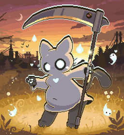 3_toes 4_fingers ambiguous_gender anthro barefoot belly big_eyes big_head black_body blush blush_stickers building clothed clothing cloud crescent_moon detailed_background empty_eyes feet fingers flower front_view fully_clothed grass group heart_reaction holding_melee_weapon holding_object holding_polearm holding_scythe holding_weapon leaning leaning_forward looking_at_viewer melee_weapon moon navel_outline outside overweight overweight_ambiguous overweight_anthro pawpads paws plant polearm robe scythe sign solo_focus standing sunset tail three-quarter_view toes tree utility_pole weapon whiskers white_clothing white_eyes white_pawpads white_robe geomecs ambient_flier domestic_cat felid feline felis mammal spirit 2025 absurd_res cel_shading digital_media_(artwork) full-length_portrait hi_res pixel_(artwork) portrait shaded