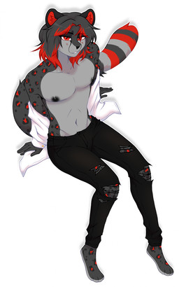 4_toes 5_fingers anthro areola arm_support black_areola black_bottomwear black_clothing black_eyebrows black_markings black_nipples black_nose black_pants bottomwear clothed clothing eyebrows feet fingers fur grey_body grey_fur grey_hair hair high-angle_view looking_at_viewer male markings medium_hair navel nipples open_clothing open_shirt open_topwear pants red_eyes red_markings shirt simple_background sitting solo spots spotted_body spotted_fur tail toes topwear torn_bottomwear torn_clothing torn_pants white_background nollya cheetah felid feline mammal absurd_res colored digital_drawing_(artwork) digital_media_(artwork) hi_res shaded