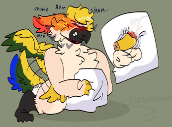 anthro back_wings ballslap bodily_fluids cum cum_on_penis ejaculation feathers femboy genital_fluids genitals grinding male masturbation moan penis pillow pillow_humping solo tail tail_motion tailwag thrusting wings glazeddonuts0 avian bird parrot hi_res