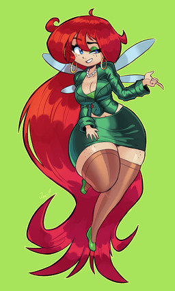 absolute_territory bangs bent_leg big_breasts blue_eyes bottomwear breasts cartoon_freckles cleavage clothed clothing ear_piercing ear_ring eyelashes eyeshadow female footwear freckled_breasts freckled_face freckled_legs freckled_thighs freckles gem glistening glistening_bottomwear glistening_clothing glistening_eyelids glistening_skirt glistening_topwear green_background green_clothing green_eyeshadow green_footwear hair hand_on_leg hand_on_own_leg hand_on_own_thigh hand_on_thigh hoop_ear_ring insect_wings jewelry legwear long_eyelashes long_hair makeup navel necklace nylon nylon_stockings outline pearl_(gem) pearl_necklace piercing red_hair ring_piercing secretary simple_background skirt solo suit_jacket thick_thighs thigh_highs topwear wide_hips wings yellow_outline jamoart rayman_(series) ubisoft betilla fairy humanoid nymph winged_humanoid 2025 absurd_res full-length_portrait hi_res portrait