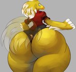 anthro beak between_butt between_cheeks big_butt bottomwear butt cheek_tuft clothed clothing curvy_anthro curvy_female curvy_figure dipstick_feathers duo facial_tuft feather_hair feathered_crest feathers female head_crest huge_butt hyper hyper_butt larger_female looking_back looking_down low-angle_view male micro obese overweight pseudo_hair simple_background size_difference small_waist smaller_male stuck tail tail_feathers thick_thighs topwear tuft wide_hips winged_arms wings yellow_body yellow_feathers robomax final_fantasy square_enix wednesday_(robomax) avian bird canid canine chocobo fox mammal 2024 absurd_res hi_res