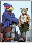 anthro beak blaster blue_body bottomwear building city clothed clothing duo macro male orange_body pants scarf scouter sitting topless rick_griffin nintendo star_fox falco_lombardi fox_mccloud avian bird canid canine canis fox mammal 2013