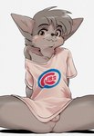 anthro balls big_ears bottomless bottomless_male brown_eyes clothed clothing fur genitals grey_body grey_fur logo looking_at_viewer male off_shoulder oversized_clothing penis shirt shota sitting smile snout solo spread_legs spreading text text_on_clothing text_on_shirt text_on_topwear topwear topwear_only young young_anthro harmarist chicago_cubs mlb sheath_and_knife alex_(harmarist) canid canine canis mammal wolf english_text