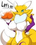 anthro blue_eyes blush breasts female food fur solo tongue yellow_body yellow_fur kemojin bandai_namco digimon canid canine digimon_(species) mammal renamon hi_res