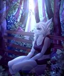 anthro athletic_wear bench black_sclera clothed clothing female hair lens_flare park_bench plant ponytail sitting solo tree white_body ei-tule-kesaa alice_destiny canid canine fox mammal absurd_res hi_res