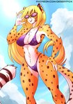 anthro bikini breasts clothing cloud day eyewear female hair sky solo sun sunglasses swimwear text two-piece_swimsuit sagestrike2 mihari cheetah felid feline mammal digital_media_(artwork) hi_res shaded url