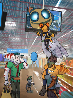anthro backpack balloon blush bottomwear clothed clothing cybernetic_arm cybernetic_limb ear_piercing facepalm fanny_pack female fingers footwear fur group hair holding_another holding_bag holding_balloon holding_object inflatable inside machine male open_mouth pants piercing ring_piercing shirt shoes smile standing stripes supermarket tail tank_top teeth topwear jackiry ratchet_and_clank showing_baby_to_a_supermarket_camera sony_corporation sony_interactive_entertainment alister_azimuth clank_(ratchet_and_clank) kit_(ratchet_and_clank) ratchet_(ratchet_and_clank) rivet_(ratchet_and_clank) lombax mammal robot digital_media_(artwork) hi_res meme