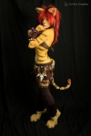 anthro blue_eyes bodypaint clothed clothing cosplay ear_piercing feathers female hair leather painted_markings piercing real red_hair skimpy solo stripes tail tribal tribal_clothing yurikocosplay felid mammal pantherine tiger 2:3 hi_res