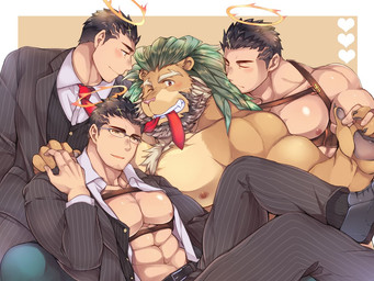 abs anthro beard blush clone clothed clothing eyewear facial_hair foursome glasses group group_sex hair halo kissing male male/male mane mane_hair mature_anthro mature_male muscular muscular_male necktie nipples one_eye_closed pawpads pecs sex suit topless whiskers wink youzora_samo18 lifewonders tokyo_afterschool_summoners arsalan_(tas) zabaniyya_(tas) angel felid human humanoid lion mammal pantherine 2019 4:3