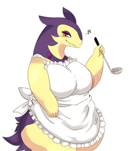 anthro apron apron_only areola areola_slip big_breasts biped blush breasts clothing female holding_object huge_breasts kitchen_utensils ladle mostly_nude musical_note musical_symbol red_eyes simple_background slightly_chubby slightly_chubby_anthro slightly_chubby_female smile solo symbol tools white_background yellow_body nyota_(artist) nintendo pokemon generation_8_pokemon hisuian_form hisuian_typhlosion pokemon_(species) regional_form_(pokemon) hi_res