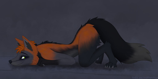 all_fours anthro ass_up biped black_body black_hands black_inner_ear_fluff black_nose black_tail claws dipstick_tail fur green_eyes grey_body grey_claws grey_pawpads grey_tail_tip hair inner_ear_fluff long_hair looking_back male markings multicolored_body multicolored_fur orange_body orange_hair pawpads paws pupils side_view solo tail tail_markings tuft red_the_kitsune canid canine fox mammal 2026 digital_media_(artwork) full-length_portrait hi_res portrait shaded watermark