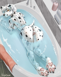 4_toes 5_fingers all_fours anthro anus bathing bathtub black_nose black_spots breasts butt claws feet female fingers fur genitals hair hindpaw humanoid_hands looking_at_viewer looking_back looking_back_at_viewer markings nude nude_anthro nude_female partially_submerged pawpads paws pink_pawpads smile solo spots spotted_body spotted_fur toe_claws toes towel vulva water white_body white_fur white_hair eleacat trixie_(bloodwolf1996) canid canine canis dalmatian domestic_dog mammal 2024 hi_res signature