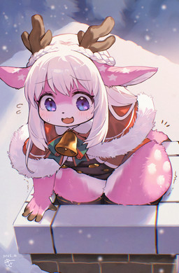 anthro biped black_clothing blush breasts chimney clothed clothing detailed_background eyelashes female fur holidays kemono legwear multicolored_body outside pink_body pupils red_clothing small_breasts smile snow snowing solo thick_thighs thigh_highs wide_hips kishibe christmas tona_(kishibe) deer mammal new_world_deer reindeer 2025 hi_res signature