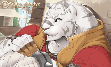 5_fingers anthro blue_eyes clothing fingers looking_at_viewer male outside patreon_logo solo text sollyz grimoire_of_zero patreon mercenary_(grimoire_of_zero) felid mammal pantherine 2017 2d_animation 5:3 animated motion_tweening url
