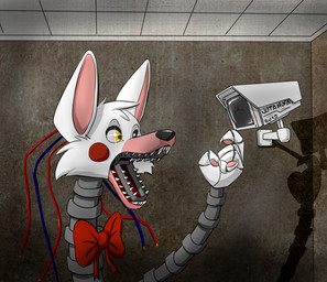 ambiguous_gender anthro camera cheek_tuft claws facial_tuft fur head_tuft machine open_mouth pawpads pink_body pink_fur pink_inner_ear red_cheeks ribbons sharp_teeth solo teeth tuft white_body white_fur yellow_eyes jotahota five_nights_at_freddy's five_nights_at_freddy's_2 scottgames mangle_(fnaf) animatronic canid canine fox mammal robot 2015 hi_res