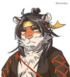 accessory anthro chibi exposed_chest hair headband long_hair looking_at_viewer male simple_background solo striped_body stripes white_background yellow_eyes yellow_headband chsheneng arknights hypergryph studio_montagne huai_tianpei_(arknights) felid mammal pantherine tiger artist_name