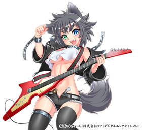bare_shoulders belt black_clothing black_hair black_legwear bottomwear bracelet breasts chain clothed clothing collar crop_top electric_guitar fangs female guitar hair heterochromia jacket jewelry legwear looking_at_viewer midriff musical_instrument navel open_bottomwear open_clothing open_jacket open_mouth open_pants open_topwear pants partially_clothed playing_guitar playing_music plucked_string_instrument shirt shorts simple_background smile solo spiked_bracelet spiked_collar spikes string_instrument teeth thigh_highs thigh_strap topwear under_boob unzipped white_background zipper gochou flying_v gibson hisho_collection animal_humanoid canid canid_humanoid canine canine_humanoid canis humanoid mammal mammal_humanoid wolf wolf_humanoid hi_res