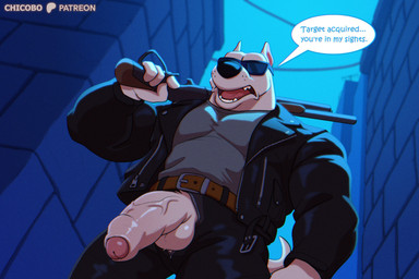 4_fingers anthro balls_through_fly belt big_penis black_bottomwear black_clothing black_eyewear black_jacket black_nose black_pants black_sunglasses black_topwear bottomwear brown_belt clothed clothing dialogue erection eyewear fingers foreskin fully_clothed fur genitals grey_clothing grey_shirt grey_topwear gun holding_gun holding_object holding_ranged_weapon holding_shotgun holding_weapon humanoid_genitalia humanoid_penis jacket leather leather_bottomwear leather_clothing leather_jacket leather_pants leather_topwear low-angle_view male muscular muscular_male pants penis penis_poking_out penis_through_fly ranged_weapon shirt shotgun solo speech_bubble sunglasses talking_to_viewer text thick_penis topwear weapon whisker_spots white_body white_fur chicobo tiny_toon_adventures warner_brothers arnold_the_pit_bull canid canine canis domestic_dog mammal pit_bull 2025 3:2 english_text