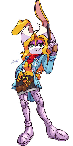 anthro belt belt_buckle big_breasts bottomwear breasts buckle clothed clothing cosplay cotton_tail cowboy_hat cybernetic_arm cybernetic_leg cybernetic_limb cybernetics eyelashes eyeshadow female green_eyes gun hair hand_on_hip handgun hat headgear headwear kerchief long_hair looking_at_viewer machine makeup miniskirt open_clothing open_topwear purple_eyeshadow ranged_weapon revolver skirt solo topwear weapon jamoart archie_comics cowboy_bebop sega sonic_the_hedgehog_(archie) sonic_the_hedgehog_(comics) sonic_the_hedgehog_(series) bunnie_rabbot judy_(cowboy_bebop) cyborg lagomorph leporid mammal rabbit hi_res
