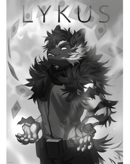 card claws clothing focused fur hair levitating_object magic magic_user male mane mane_hair short_hair sleeveless_hoodie solo stripes text three-quarter_view metriaus_(artist) lykus canid canine canis humanoid mammal wolf 2021 absurd_res english_text hi_res monochrome