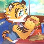 anthro burger clothed clothing female food fur holding_burger holding_food holding_object open_mouth solo striped_body striped_fur stripes tail drawligator aura_(drawligator) felid mammal pantherine tiger 1:1 hi_res