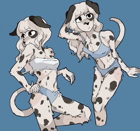 anthro black_eyes black_spots blue_background bra clothing eye_spots female floppy_ears fur hair markings midriff navel panties simple_background slim_anthro slim_female solo spots spotted_body spotted_fur underwear white_body white_fur white_hair hhonchkrow234 canid canine canis dalmatian domestic_dog mammal absurd_res hi_res