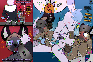abdominal_bulge anal anal_penetration animal_genitalia animal_penis anthro balls big_penis blush bodily_fluids body_hair brown_body caught_in_the_act caught_masturbating cheek_bulge corndog covering covering_self dialogue duo embarrassed equine_genitalia equine_penis erection fellatio food genitals hairy_balls handjob heart_symbol huge_penis image_bubble male male/male masturbation moan motion_blur motion_lines nipples nude open_mouth oral penetration penile penile_penetration penis penis_in_ass pubes pubes_on_face saliva saliva_on_penis sex sharp_teeth speech_bubble stray_pubes sweat sweatdrop tail tail_tuft tears teeth text tuft vr_headset bacon_sama aggretsuko sanrio haida_(aggretsuko) tadano_(aggretsuko) asinus donkey equid equine hyena mammal spotted_hyena comic english_text hi_res